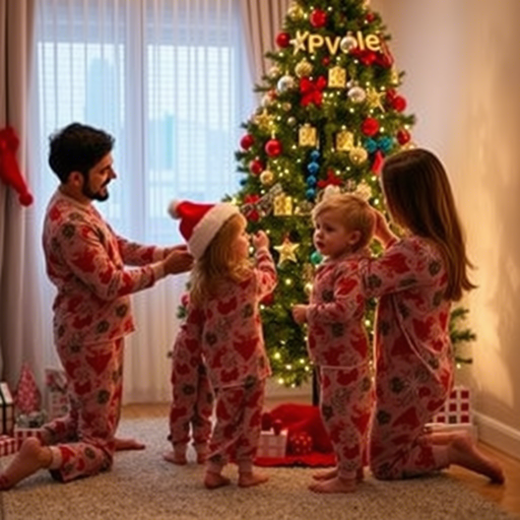 Children and parents in matching Christmas PJs, decorating the tree
