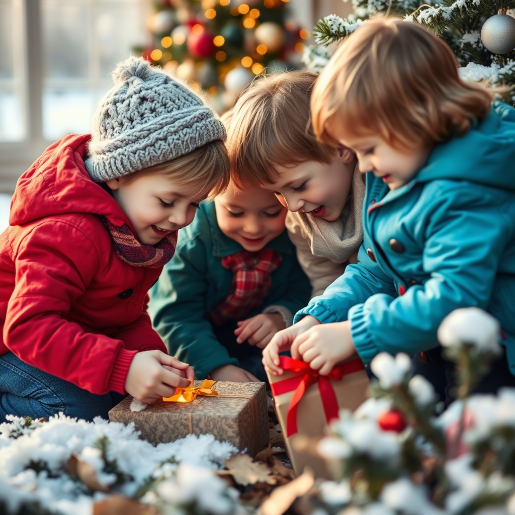 Children excitedly searching for hidden treasures on Christmas morning