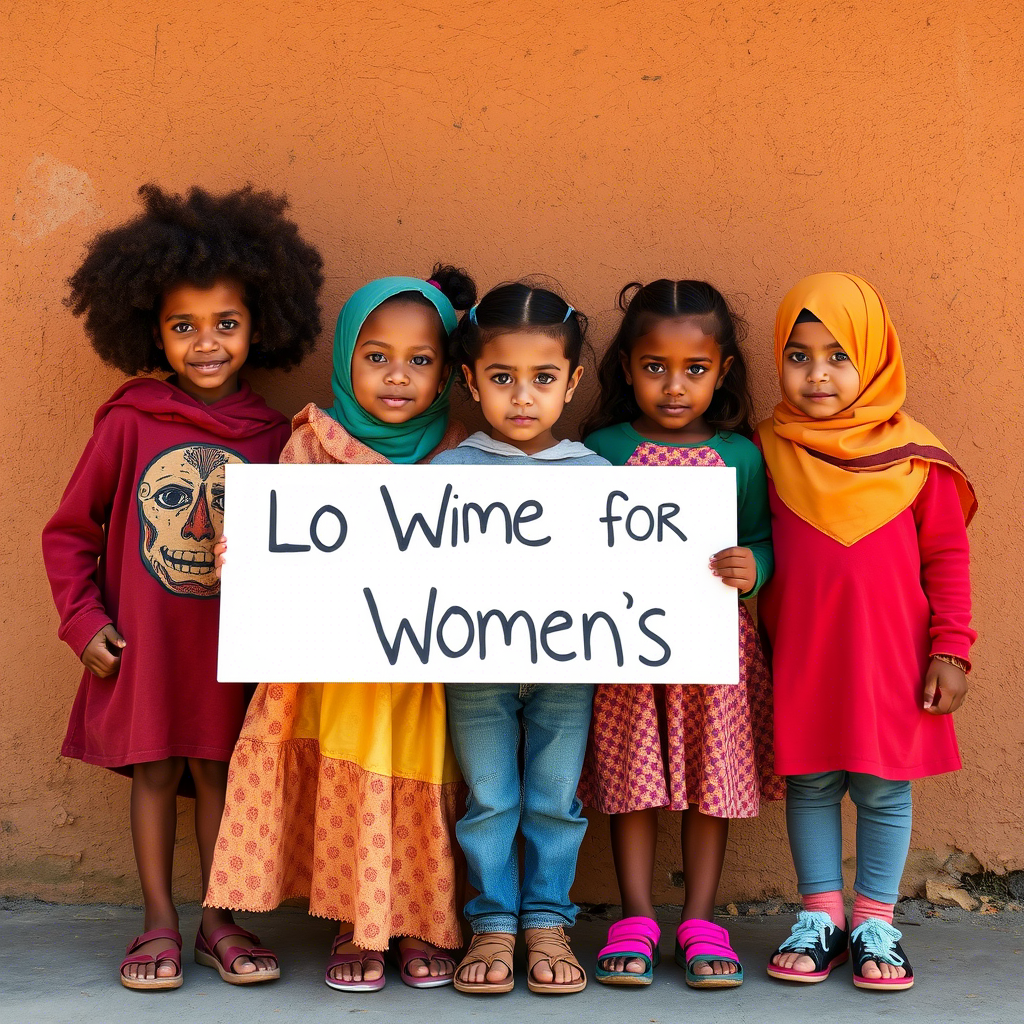 Children from diverse backgrounds standing together for women’s rights