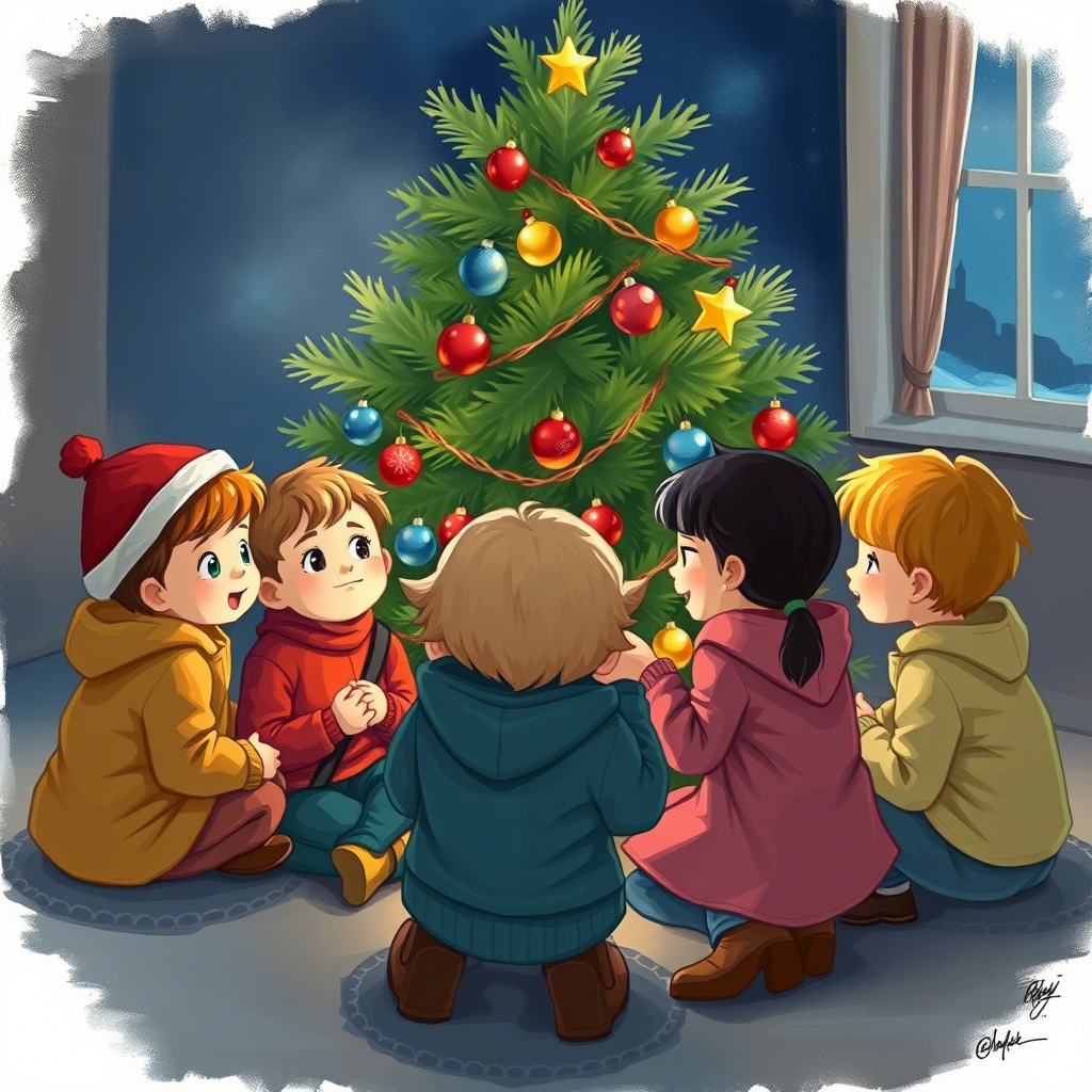 Children gathered around tree listening to Christmas tale