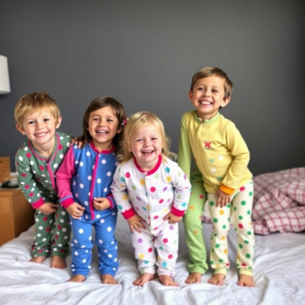 Children happily wearing colorful pajamas together
