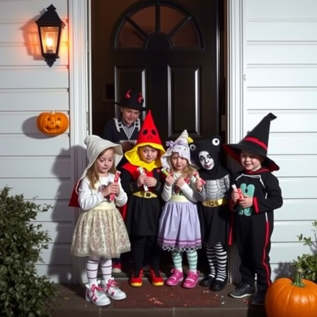Children in costumes gathering candy at a haunted house door