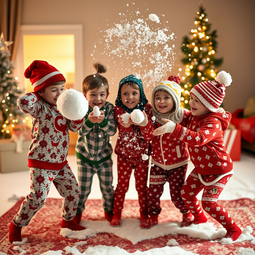 Children in cozy holiday PJs, having a snowball fight together