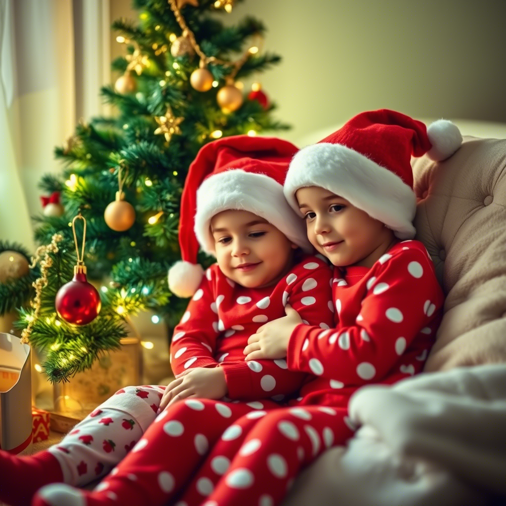 Children in cozy Santa hat PJs snuggled by a Christmas tree