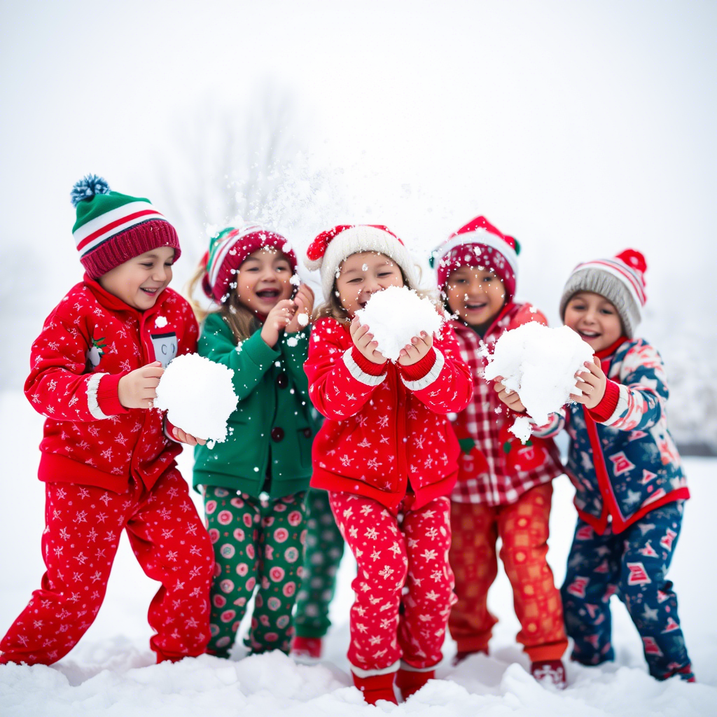 Children in festive holiday pajamas having a snowball fight together