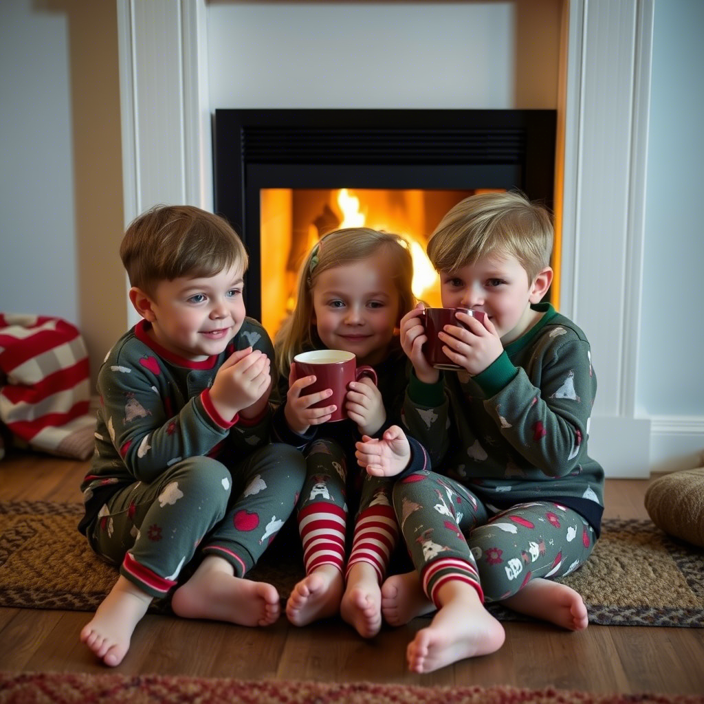Children in festive PJs, enjoying hot chocolate by the fireplace