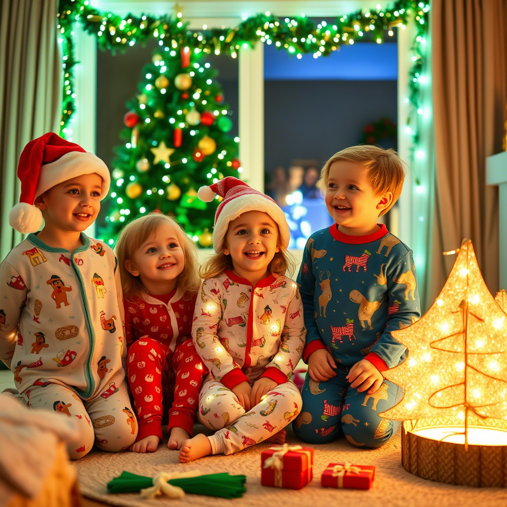 Children in festive sleepwear, having a holiday party indoors