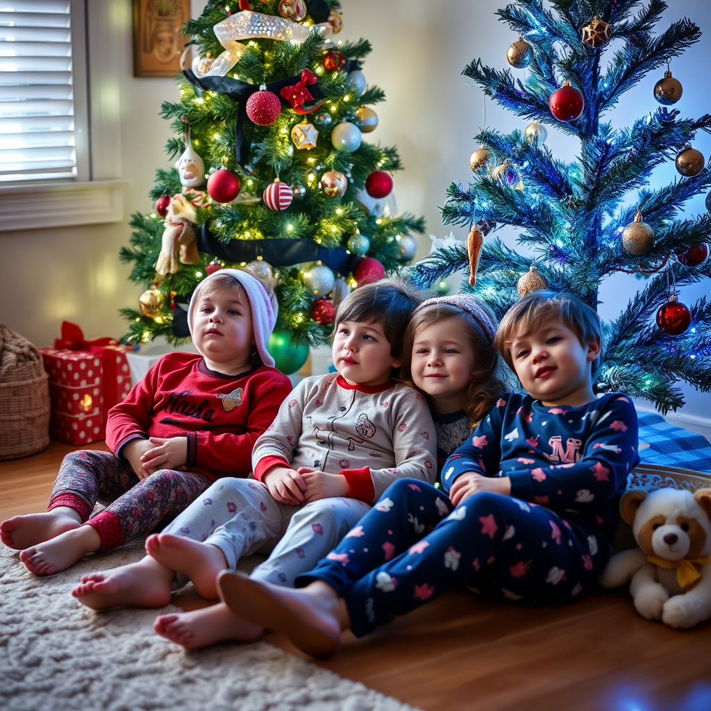 Children in festive sleepwear lounging by a decorated tree