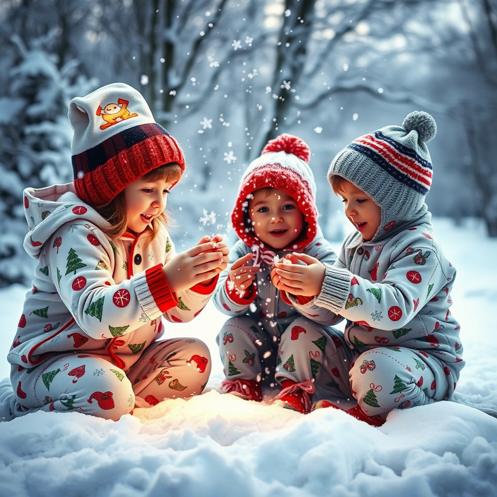 Children in festive sleepwear, playing with snowflakes on a winter morning