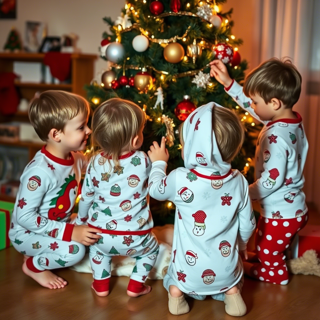 Children in holiday PJs decorating the Christmas tree together