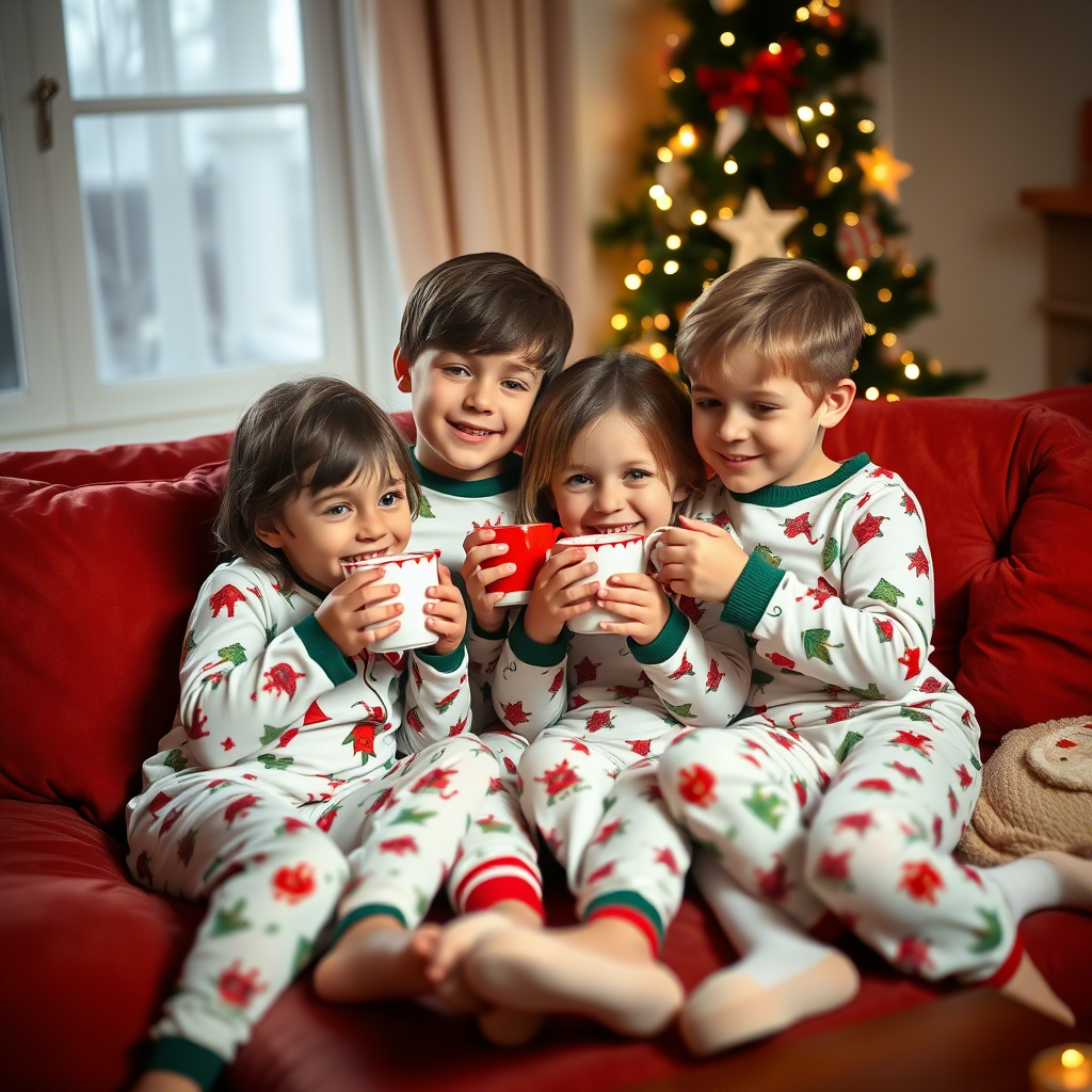 Children in matching Christmas pajamas enjoying hot chocolate together