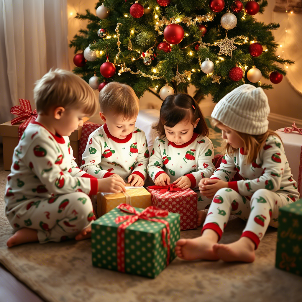 Children in matching holiday PJs, opening gifts under the tree