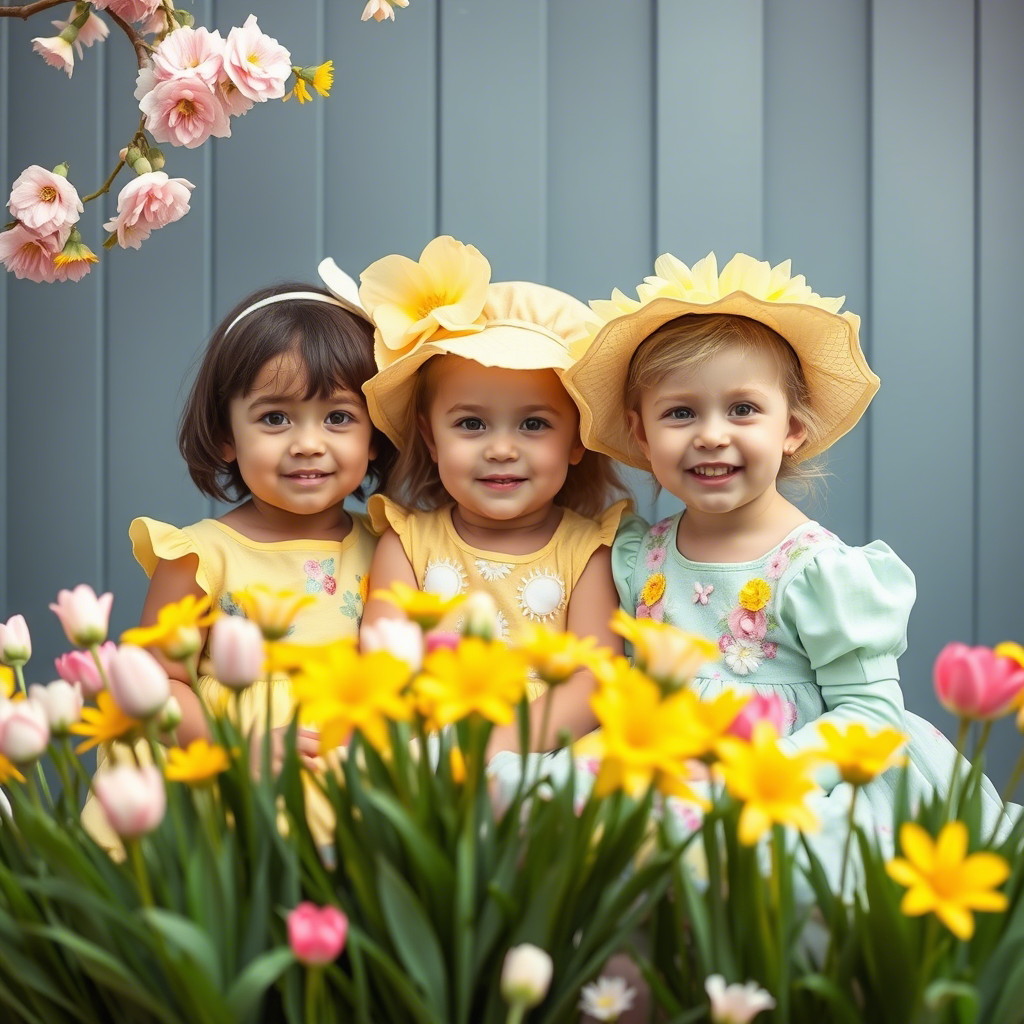 Children in spring outfits, surrounded by Easter flowers