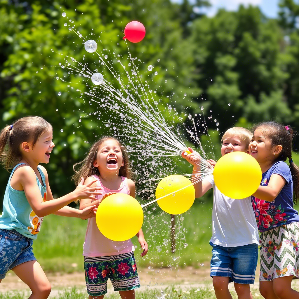 Children laughing and having a water balloon fight on a sunny day