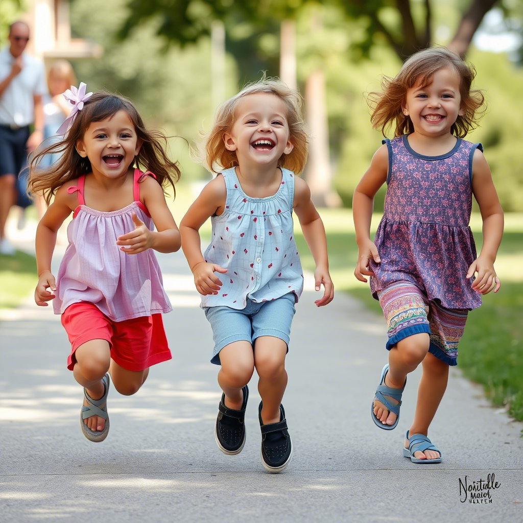 Children laughing and running in casual summer outfits