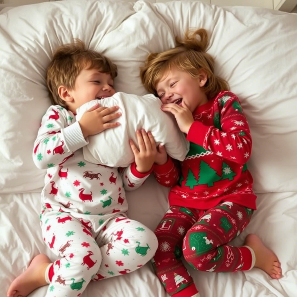 Children laughing in festive holiday sleepwear having a pillow fight