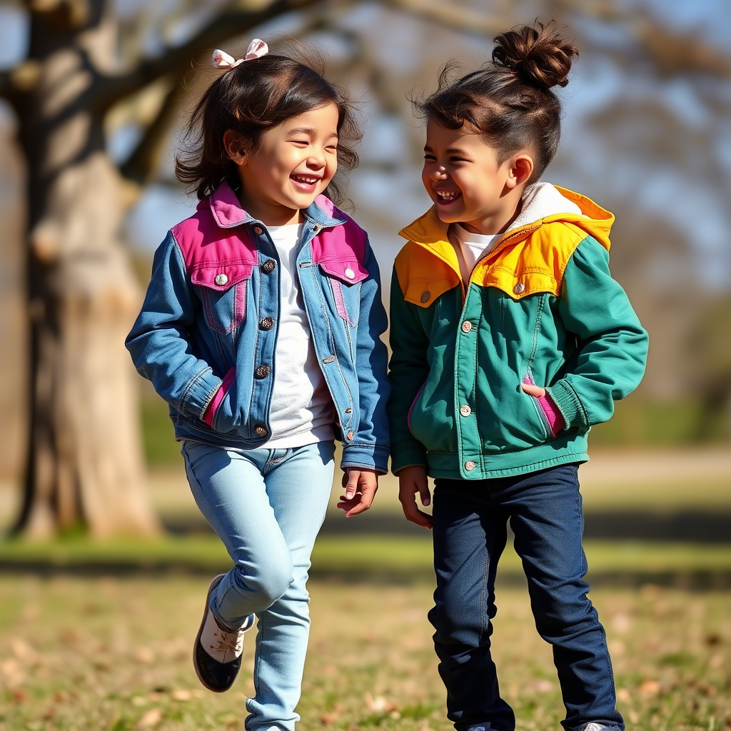 Children laughing together, wearing matching jeans and colorful jackets on a sunny afternoon
