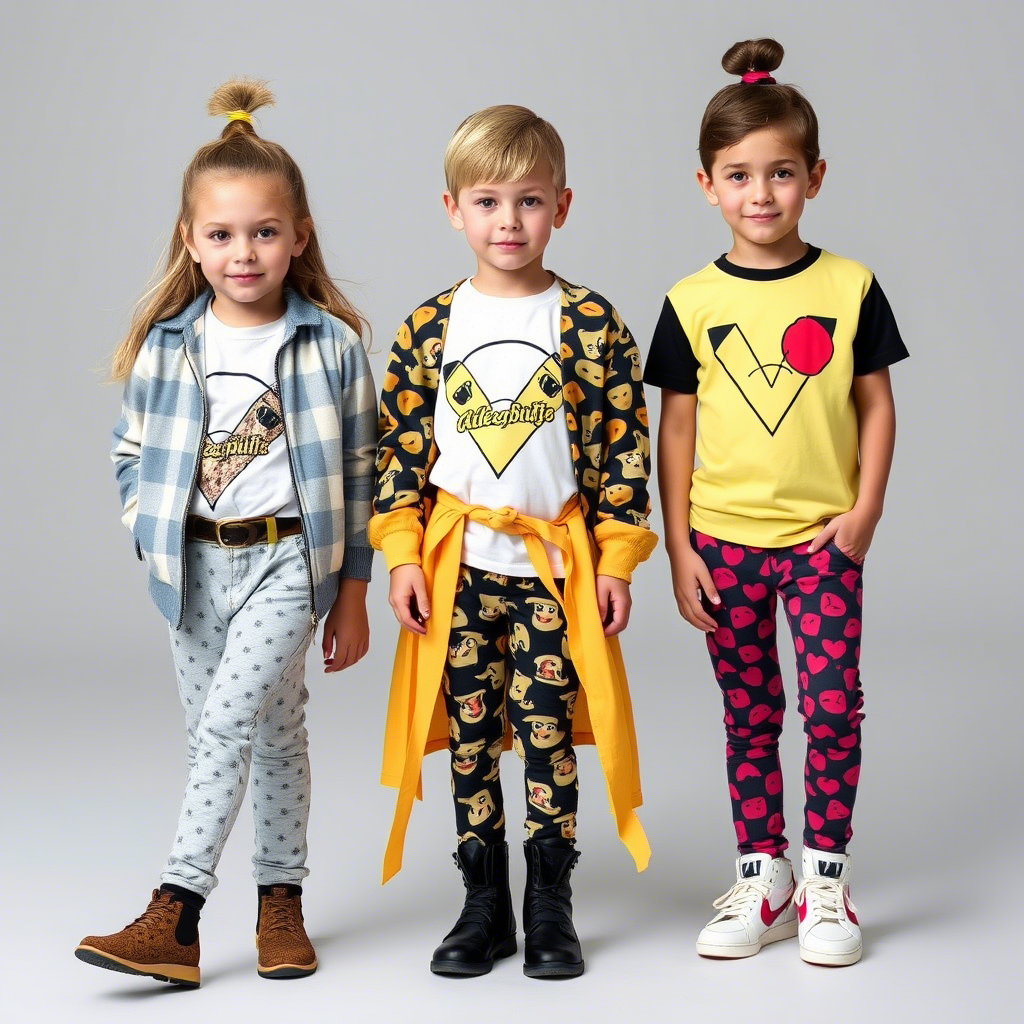 Children modeling trendy outfits with bold graphics and patterns