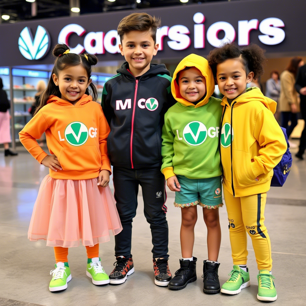 Children modeling vibrant outfits with manufacturer’s logo visible