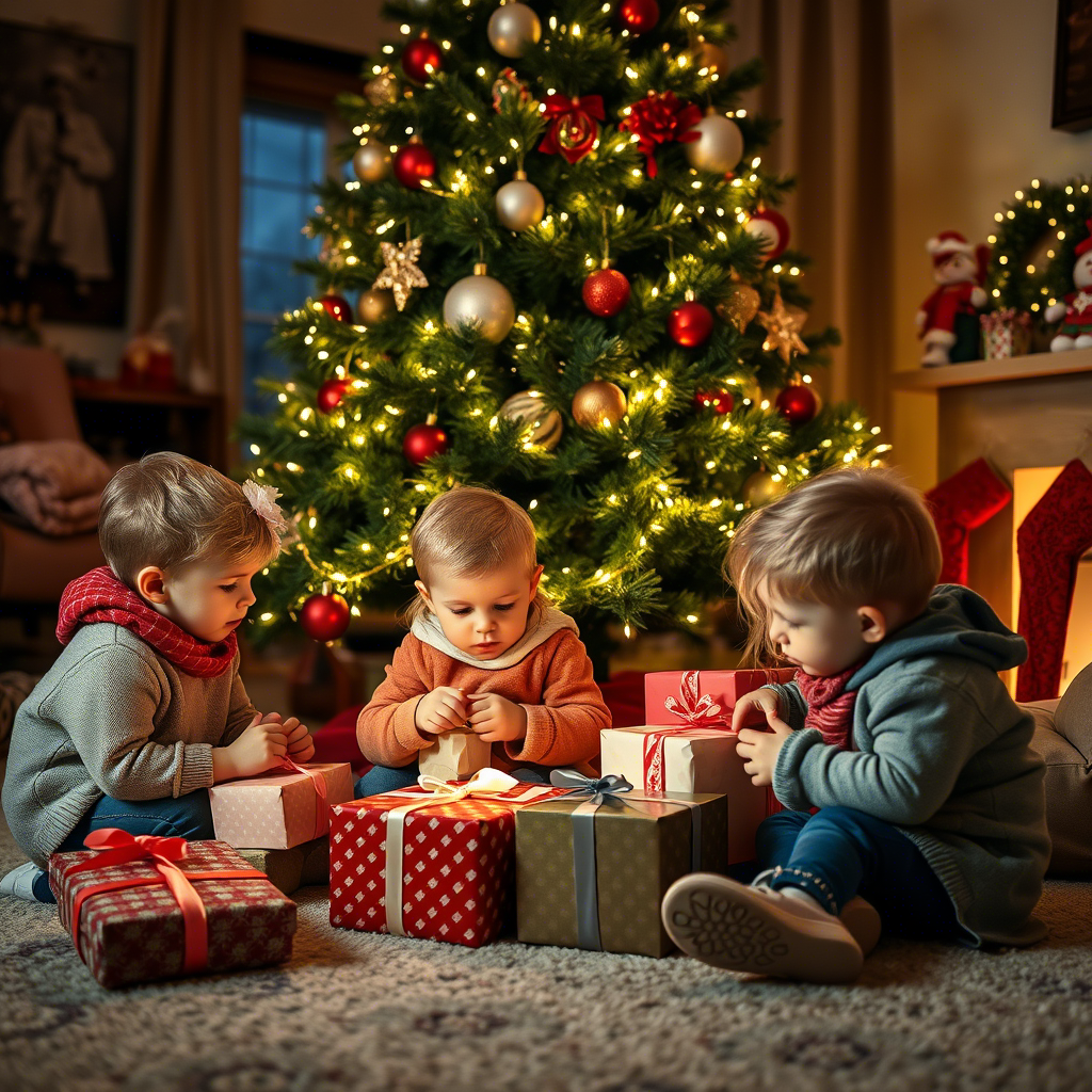 Children opening gifts under a beautifully lit Christmas tree