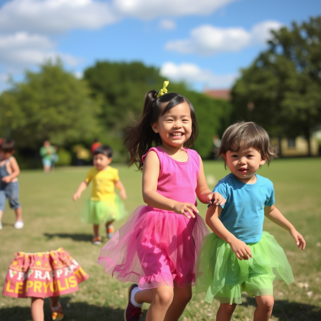 Children playing in colorful clothing on a sunny day