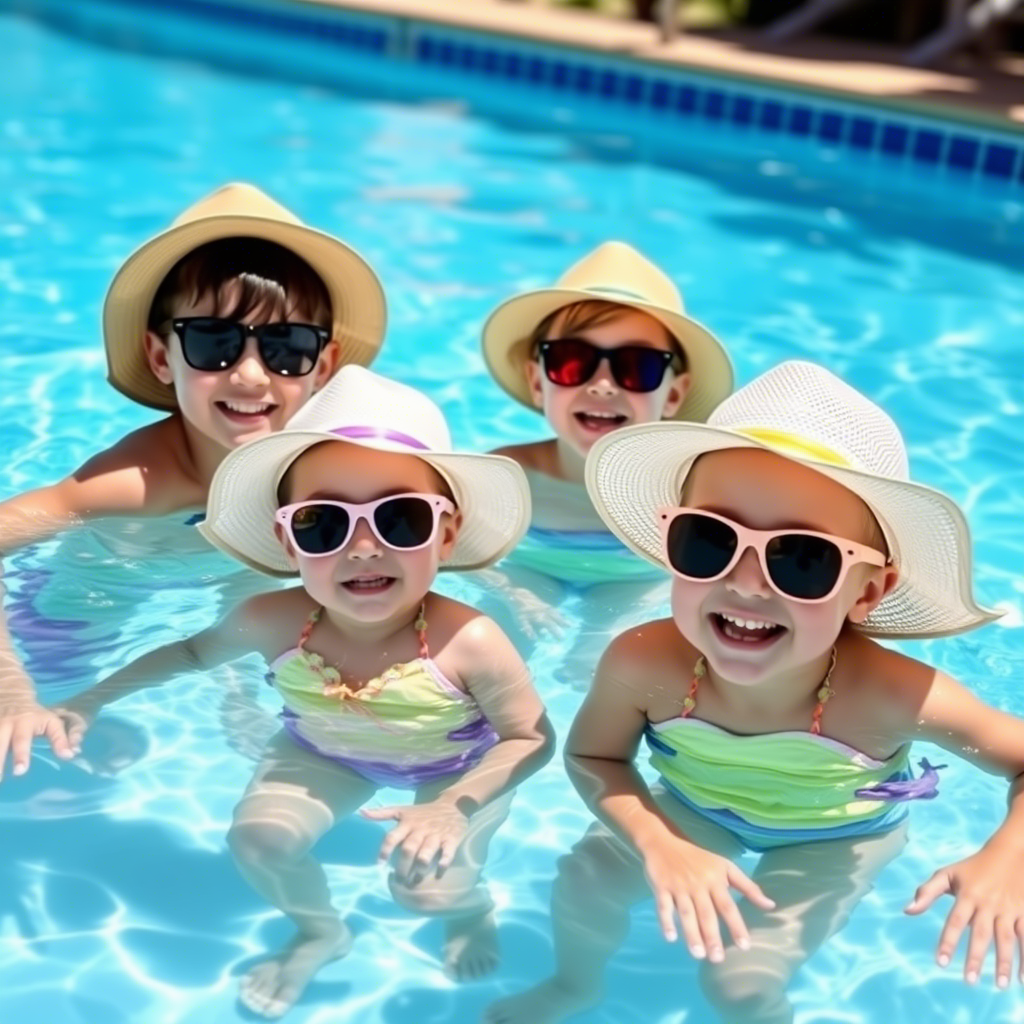 Children playing in pool with sunhats and sunglasses
