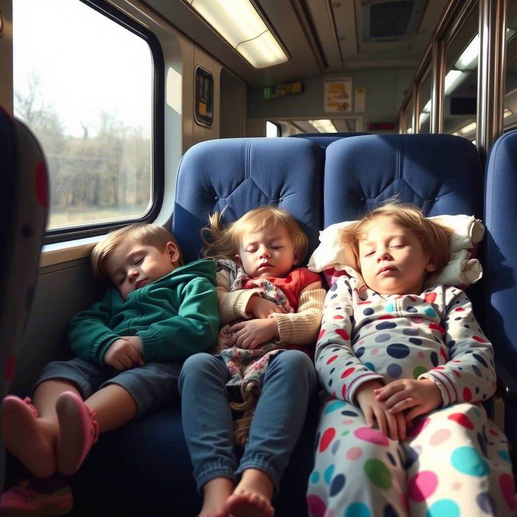 Children sleeping comfortably on a train