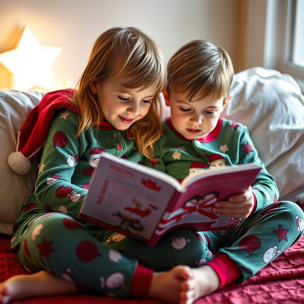 Children snuggled up in Christmas-themed pajamas reading a book