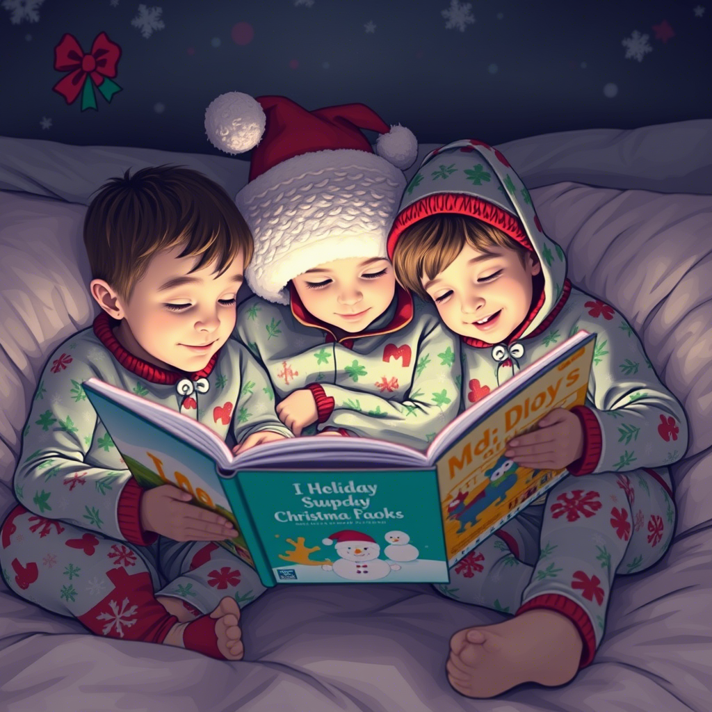 Children snuggled up in festive sleepwear, reading holiday books
