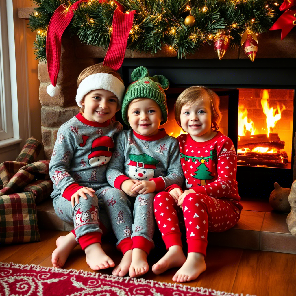 Children wearing cozy Christmas sleepwear snuggled by the fireplace