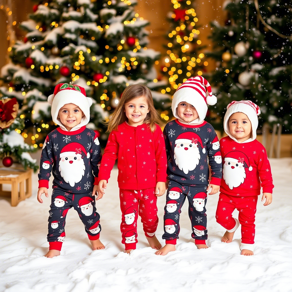 Children wearing cozy Santa Claus print pajamas in a snowy scene