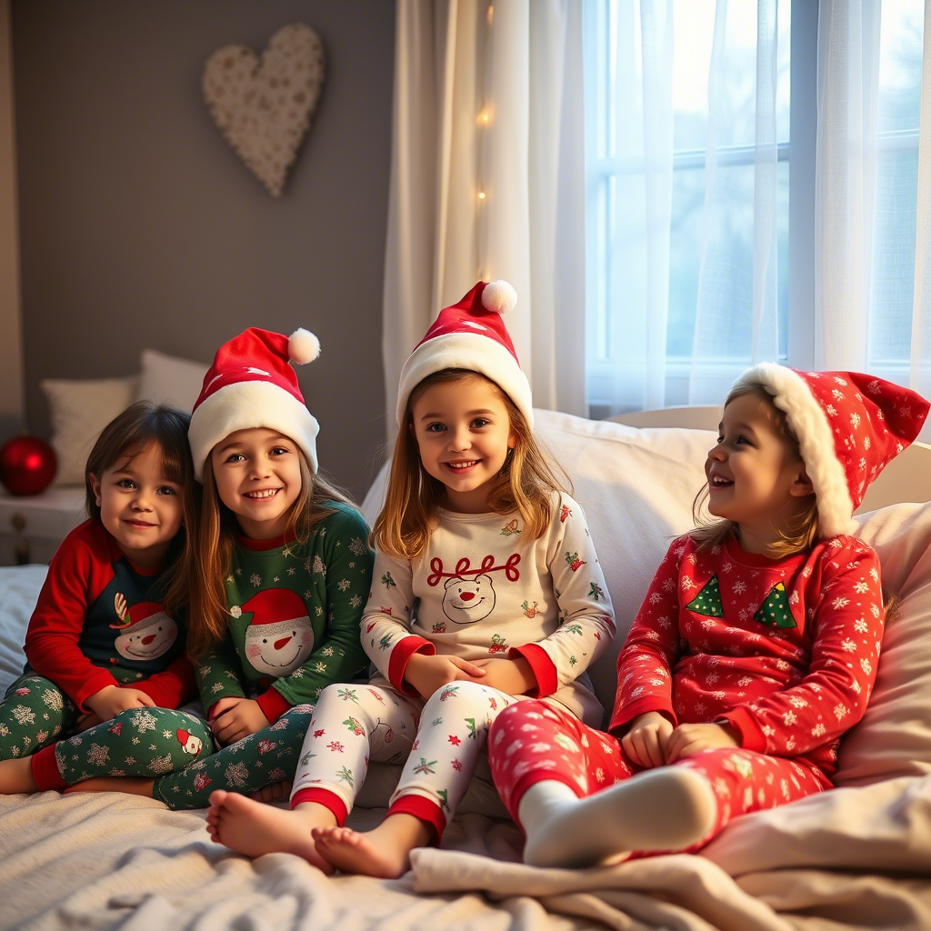 Children wearing festive holiday sleepwear having a slumber party