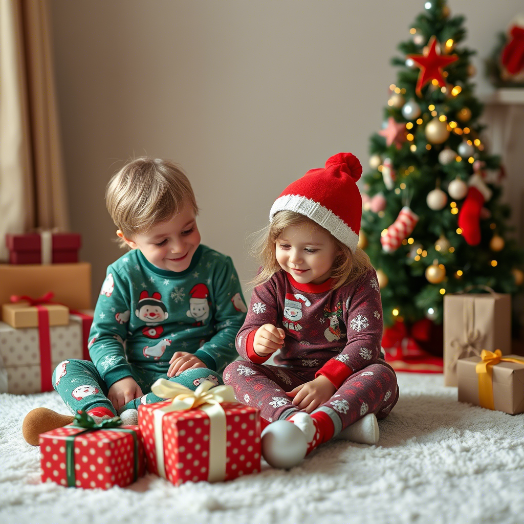 Children wearing festive holiday sleepwear, playing with Christmas gifts