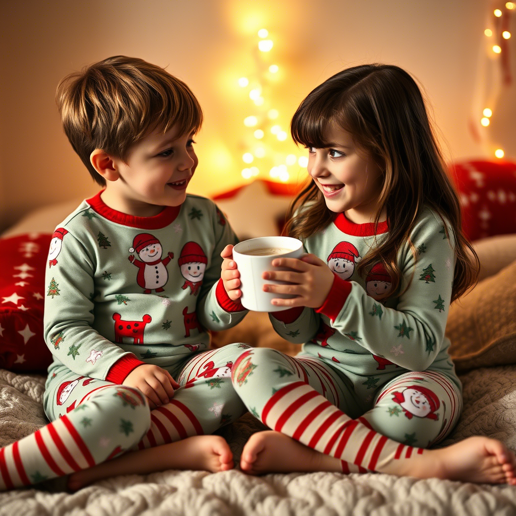Children wearing matching holiday pajamas enjoying hot chocolate together