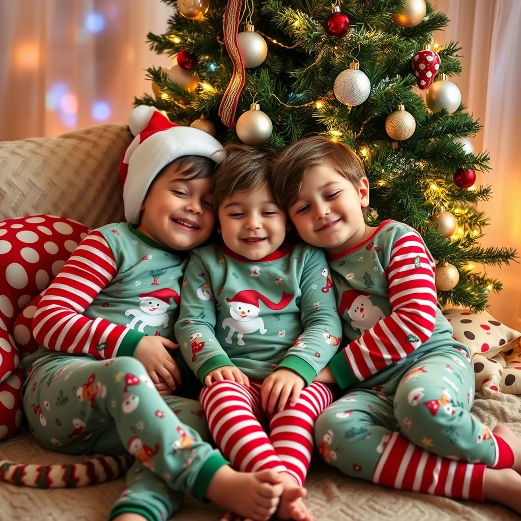 Children wearing matching holiday sleepwear, snuggled by a decorated tree