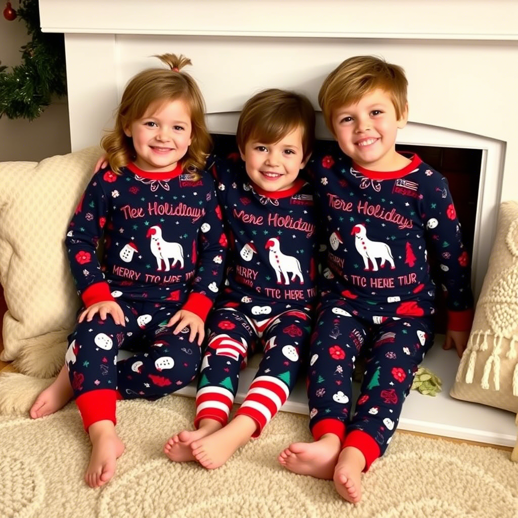 Children wearing matching holiday sleepwear snuggled by the fireplace