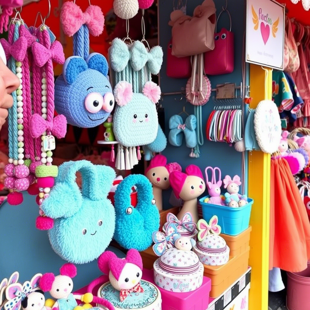 Children’s accessories displayed on a vibrant market stall