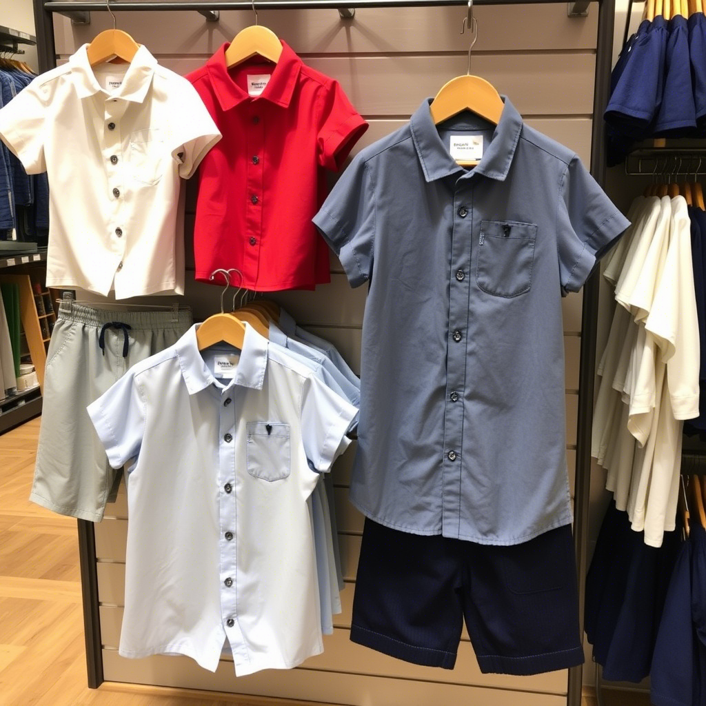 Children’s apparel display with boys’ shirts and shorts