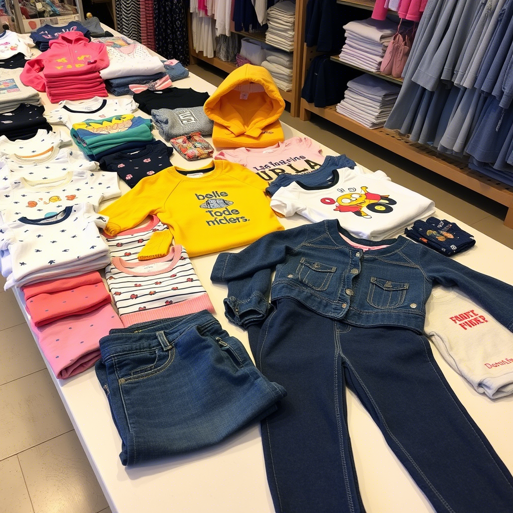 Children’s apparel laid out on a wholesale table display