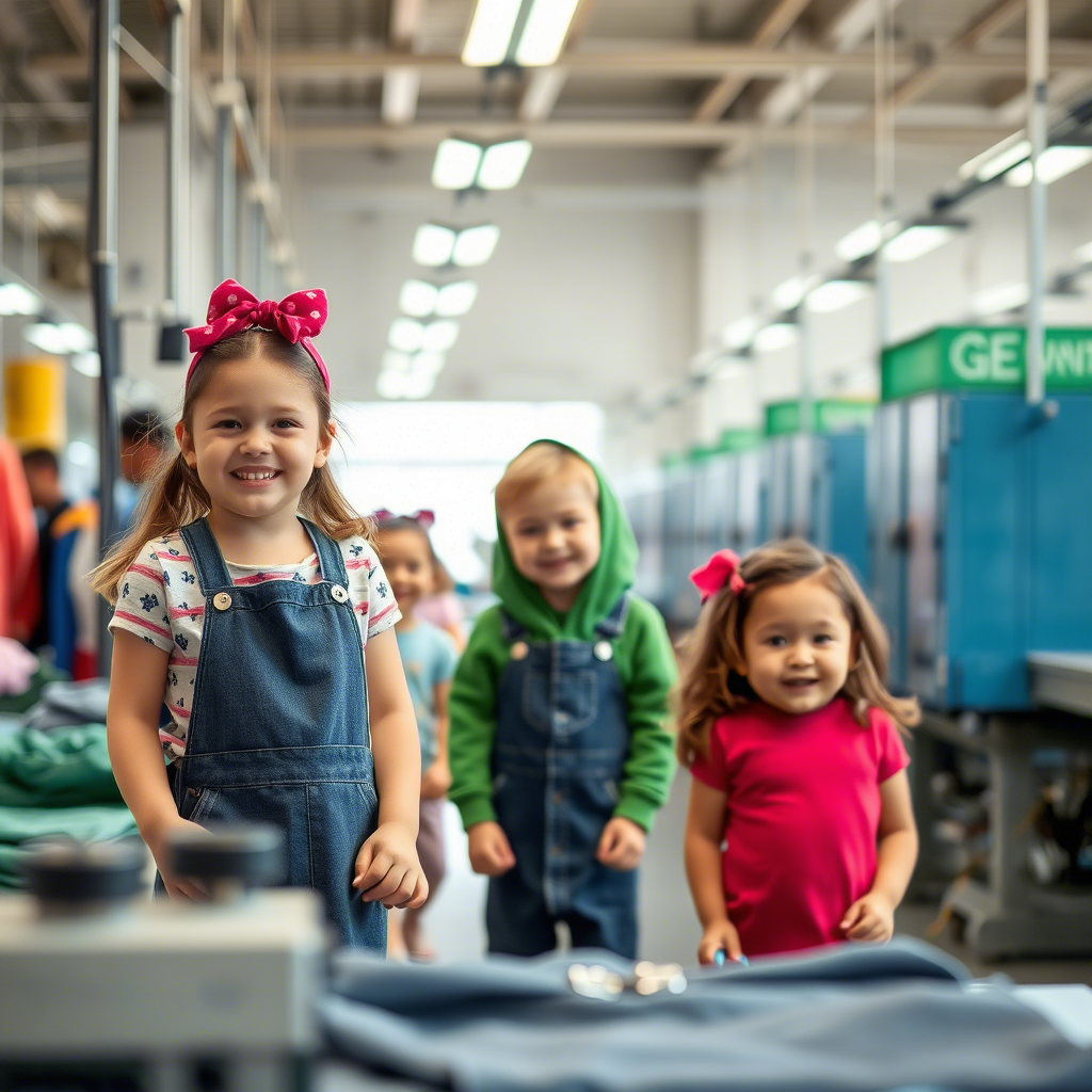 Children’s apparel manufacturing facility with happy kids in the background