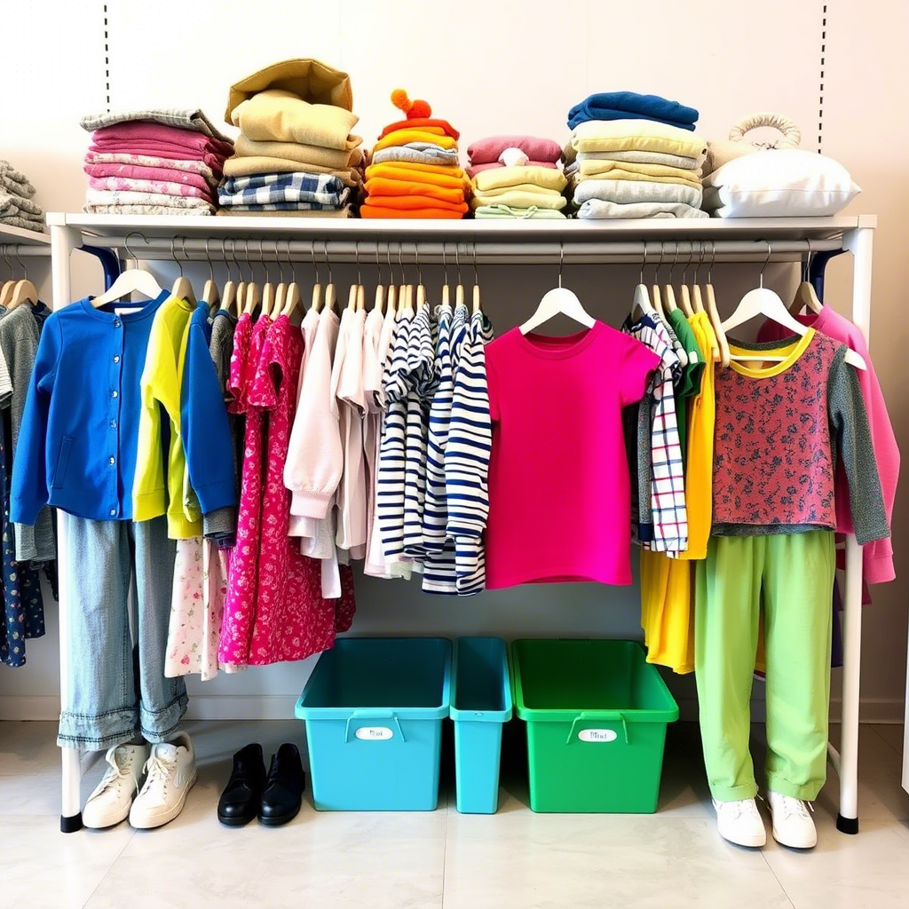 Children’s apparel neatly arranged on a distributor’s storage rack