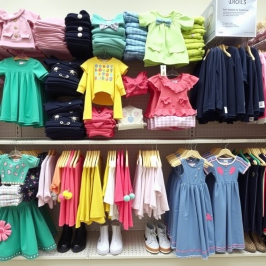 Children’s apparel neatly arranged on shelves in a wholesale store