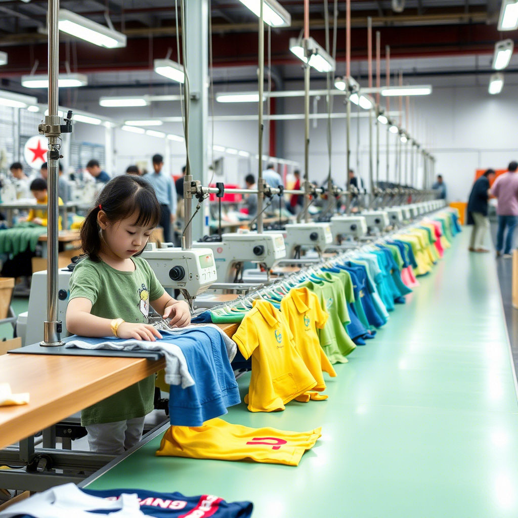 “Children’s apparel production line in a modern Chinese manufacturing facility”