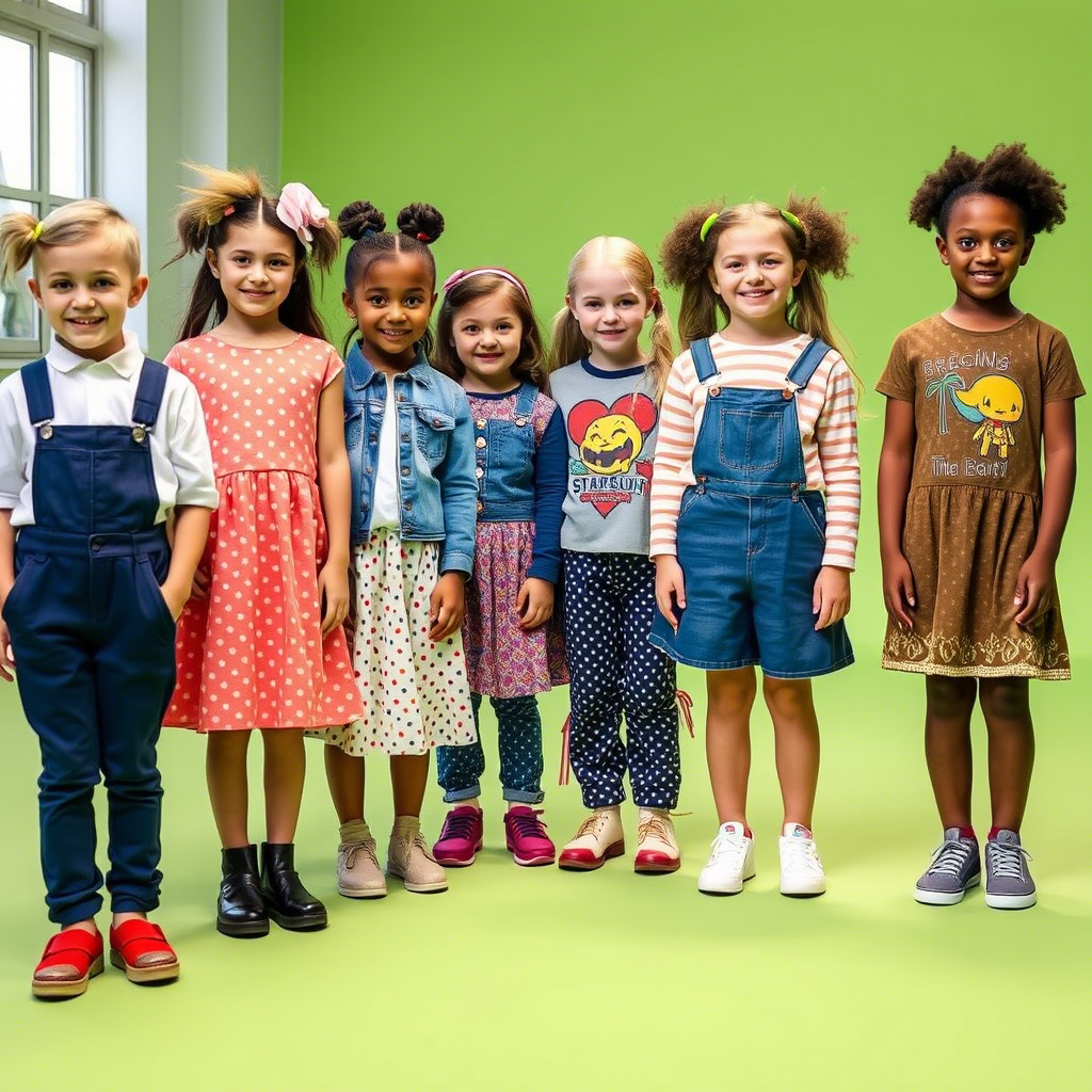 Children’s apparel production line with diverse outfits and happy models