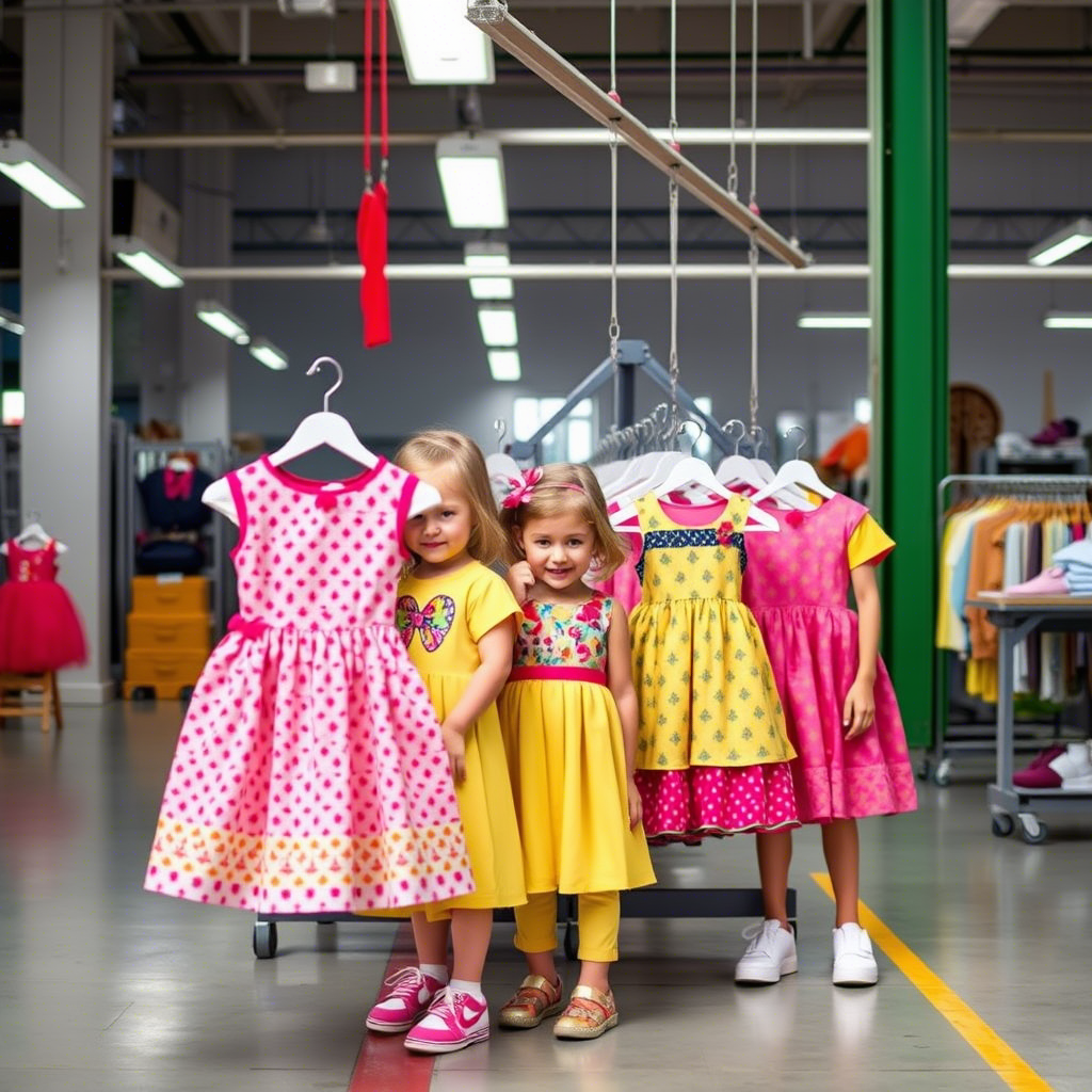 Children’s apparel production line with vibrant outfits