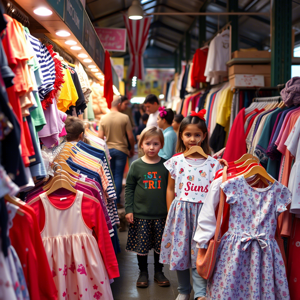 Children’s apparel vendors at a bustling market