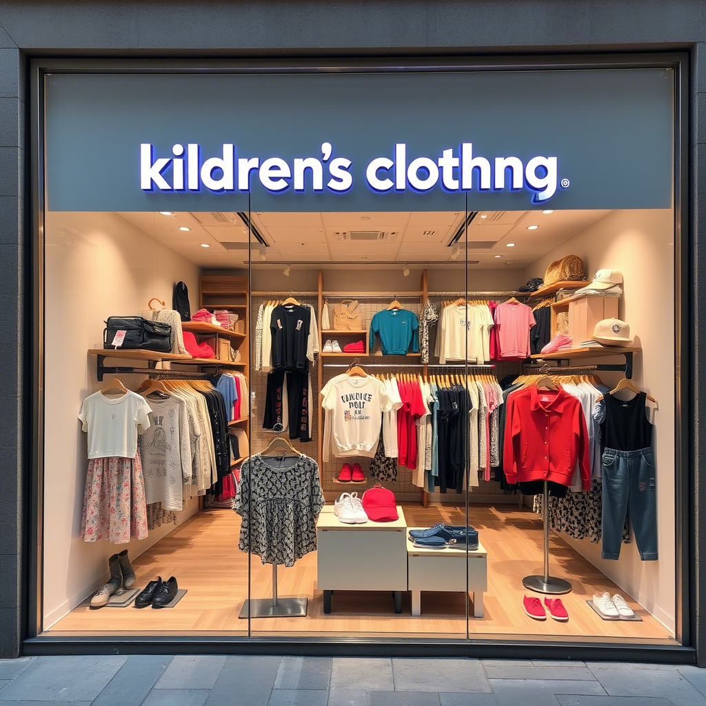 Children’s clothing brand storefront with diverse apparel on display