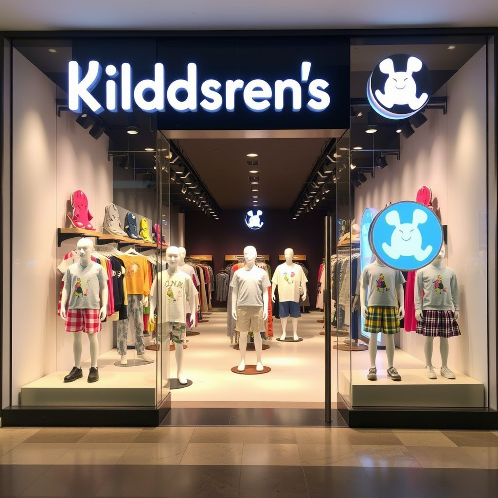 Children’s clothing brand storefront with mannequins and logos