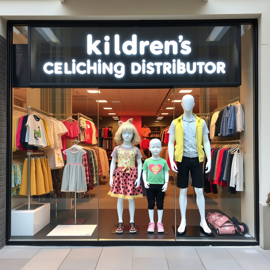Children’s clothing distributor storefront with mannequins in playful outfits