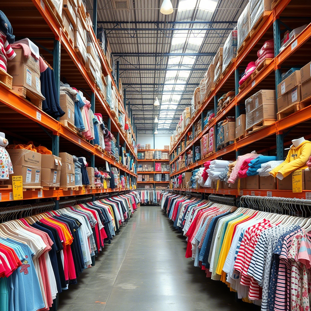 Children’s clothing distributor warehouse with assorted apparel racks